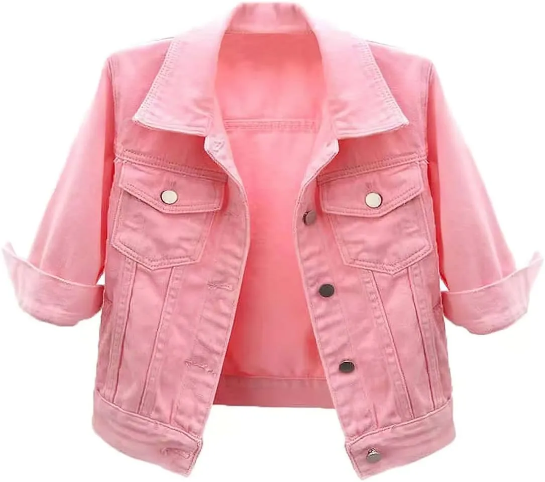 loveimgs Women Casual 3/4 Sleeve Button Down Cropped Denim Jean Jacket Motorcycle Short Jacket