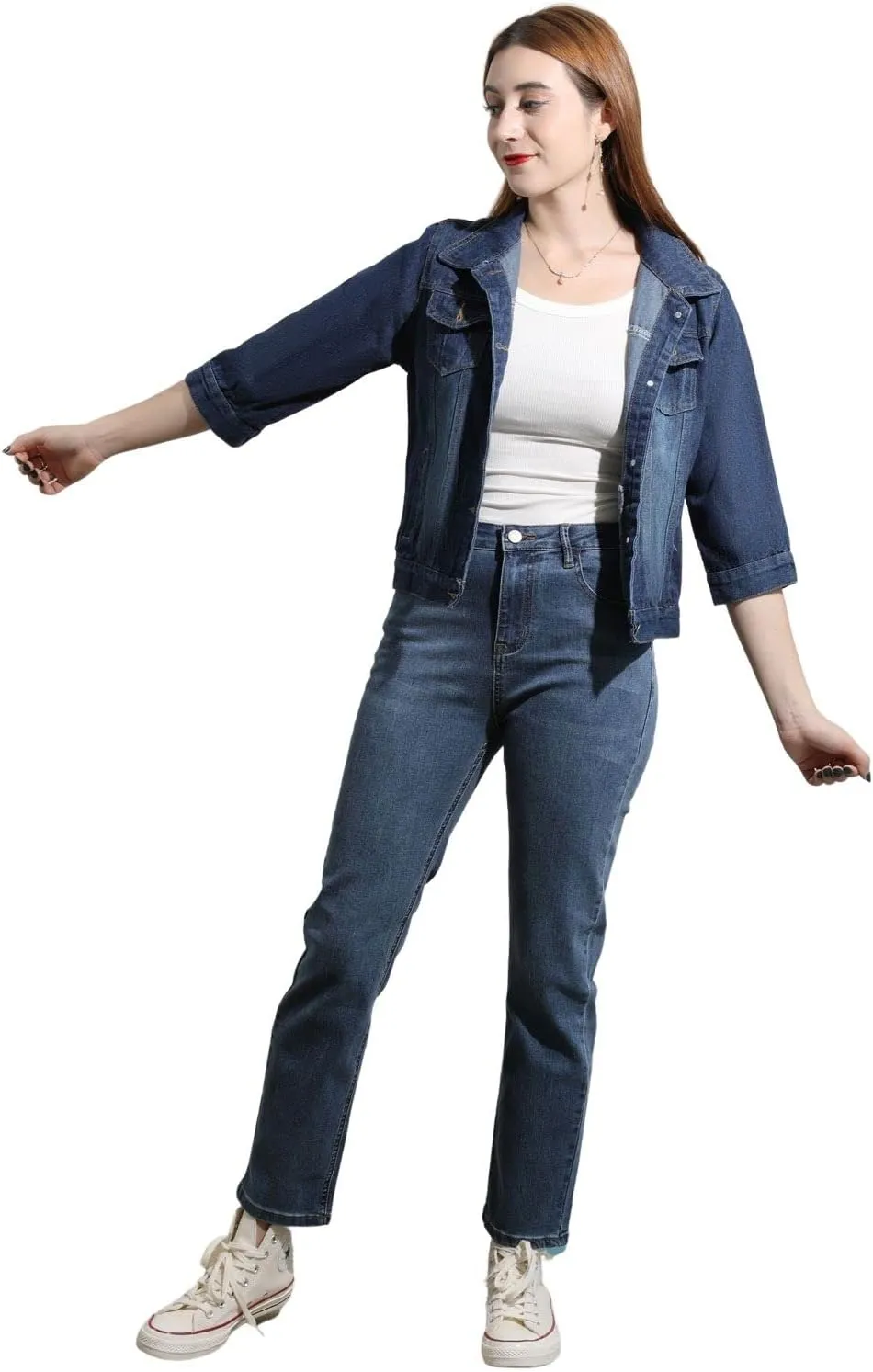 loveimgs Women Casual 3/4 Sleeve Button Down Cropped Denim Jean Jacket Motorcycle Short Jacket