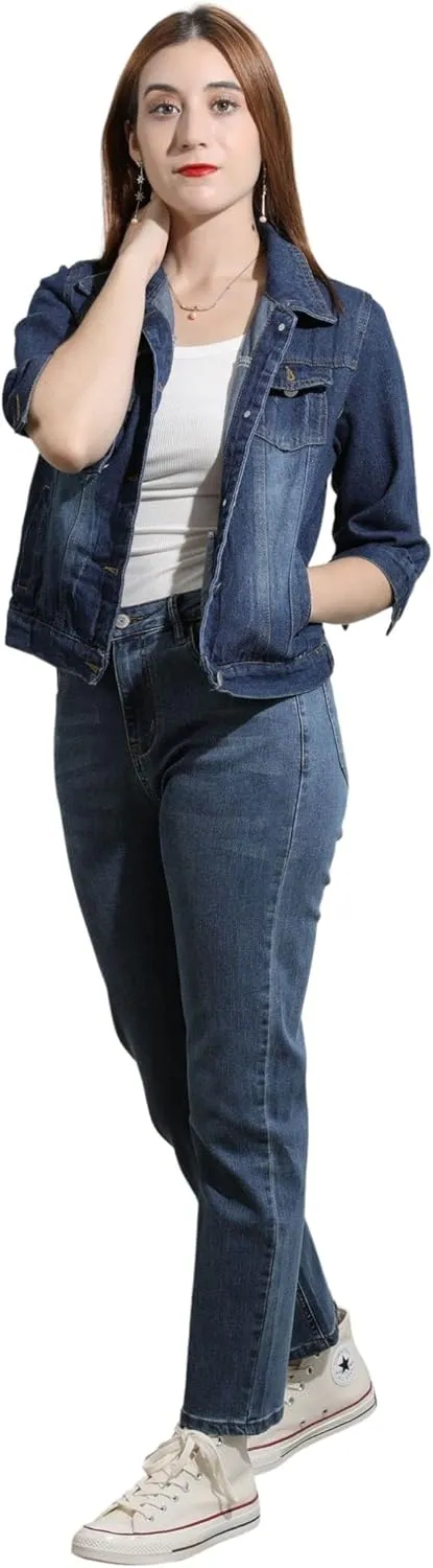 loveimgs Women Casual 3/4 Sleeve Button Down Cropped Denim Jean Jacket Motorcycle Short Jacket