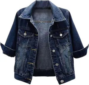 loveimgs Women Casual 3/4 Sleeve Button Down Cropped Denim Jean Jacket Motorcycle Short Jacket