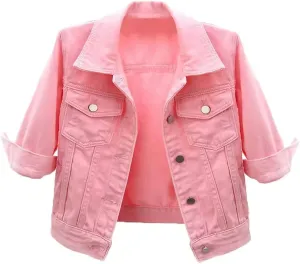 loveimgs Women Casual 3/4 Sleeve Button Down Cropped Denim Jean Jacket Motorcycle Short Jacket