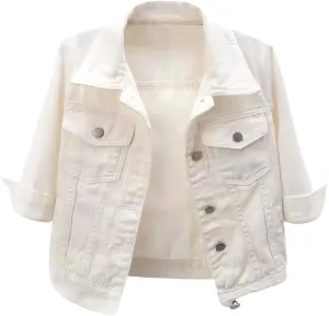 loveimgs Women Casual 3/4 Sleeve Button Down Cropped Denim Jean Jacket Motorcycle Short Jacket