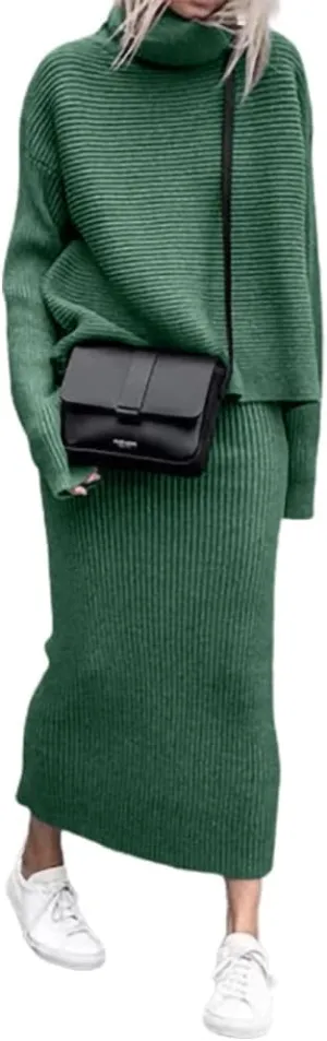 loveimgs Women's 2 Piece Outfits Ribbed Knit Long Sleeve Turtleneck Midi Pencil Skirt Set Casual Two Piece Dress