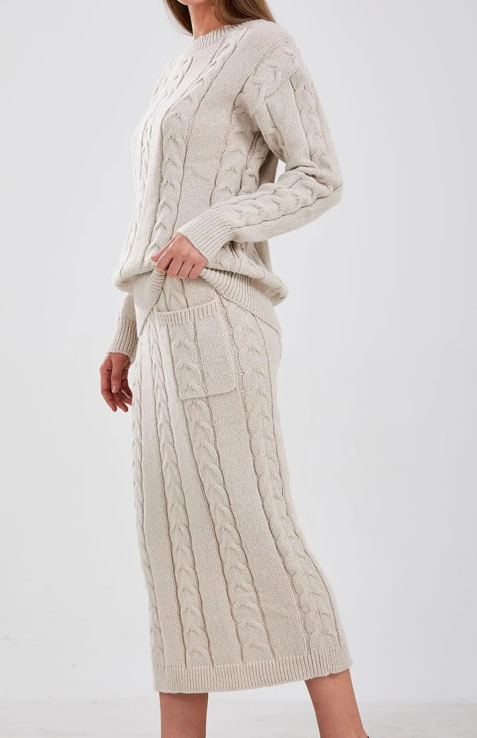loveimgs Women's Trendy Chunky Cable Knit Long Skirt 2 Piece Outfit Sweater Sets