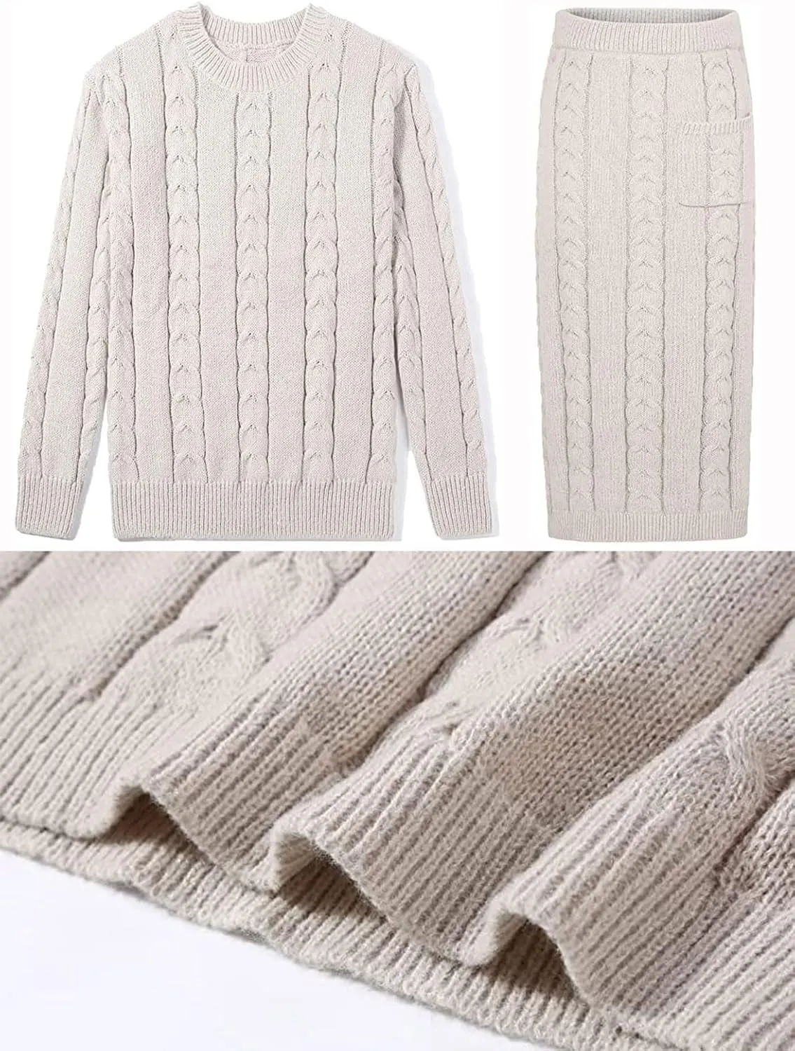 loveimgs Women's Trendy Chunky Cable Knit Long Skirt 2 Piece Outfit Sweater Sets