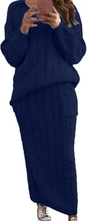 loveimgs Women's Trendy Chunky Cable Knit Long Skirt 2 Piece Outfit Sweater Sets