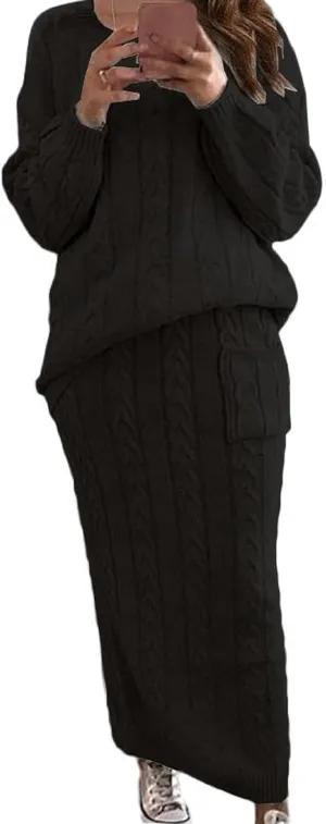 loveimgs Women's Trendy Chunky Cable Knit Long Skirt 2 Piece Outfit Sweater Sets