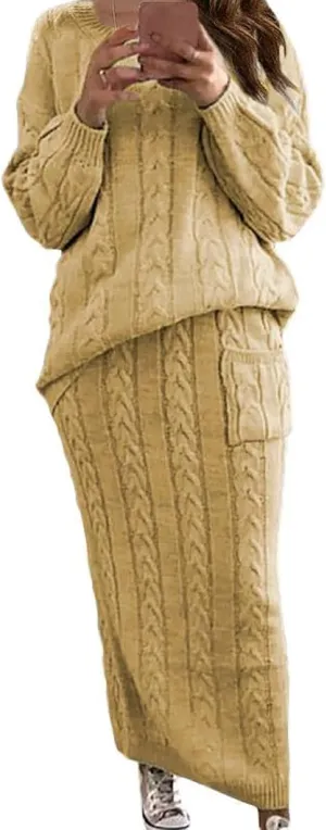 loveimgs Women's Trendy Chunky Cable Knit Long Skirt 2 Piece Outfit Sweater Sets