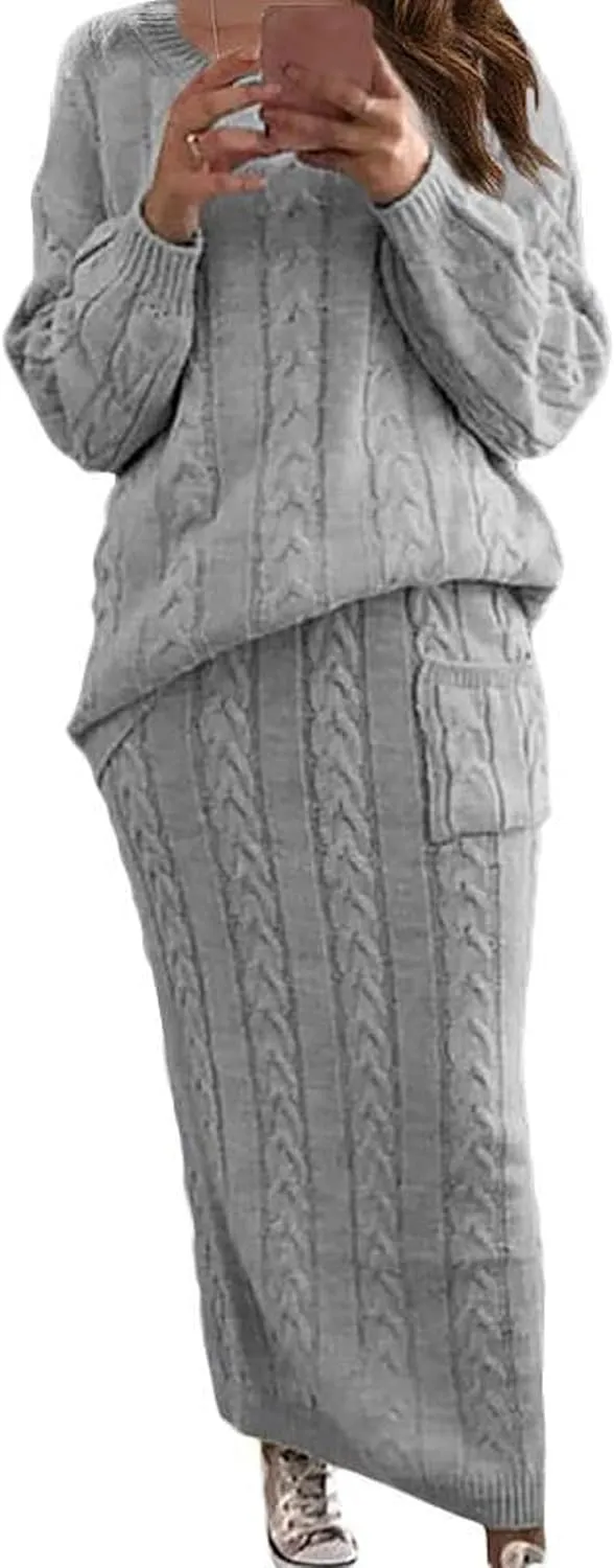 loveimgs Women's Trendy Chunky Cable Knit Long Skirt 2 Piece Outfit Sweater Sets