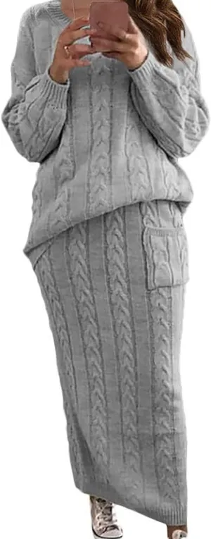 loveimgs Women's Trendy Chunky Cable Knit Long Skirt 2 Piece Outfit Sweater Sets