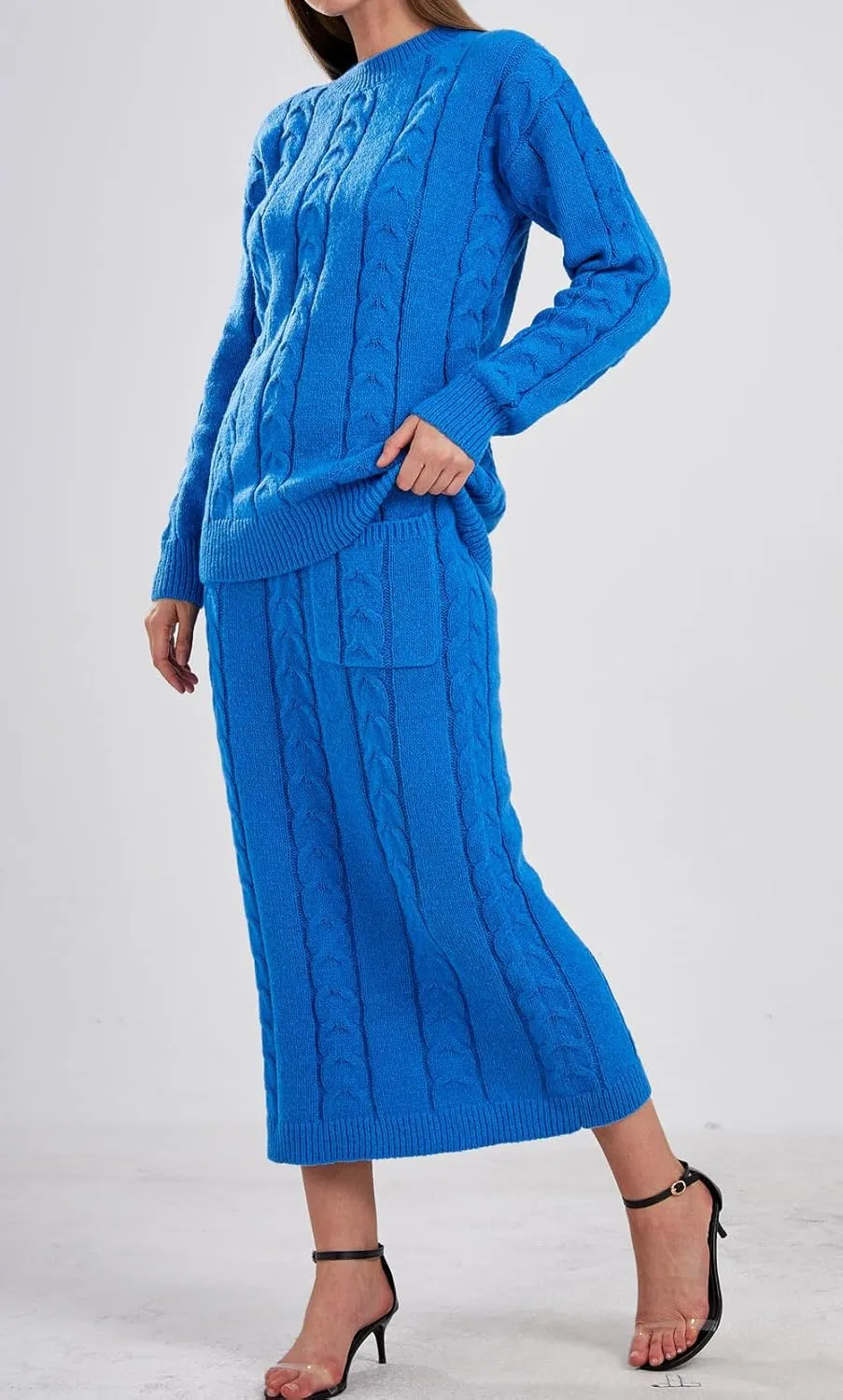 loveimgs Women's Trendy Chunky Cable Knit Long Skirt 2 Piece Outfit Sweater Sets