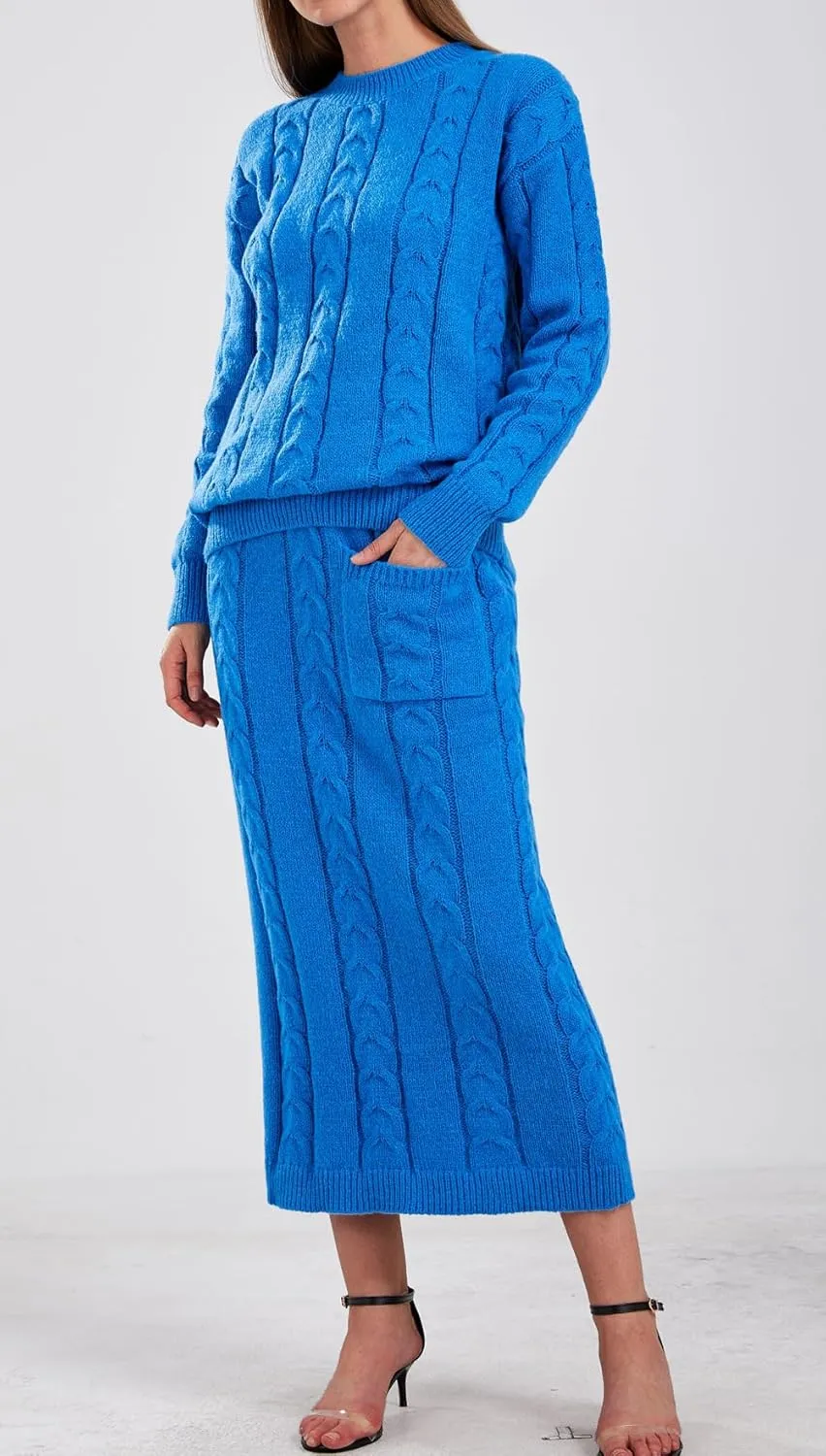 loveimgs Women's Trendy Chunky Cable Knit Long Skirt 2 Piece Outfit Sweater Sets