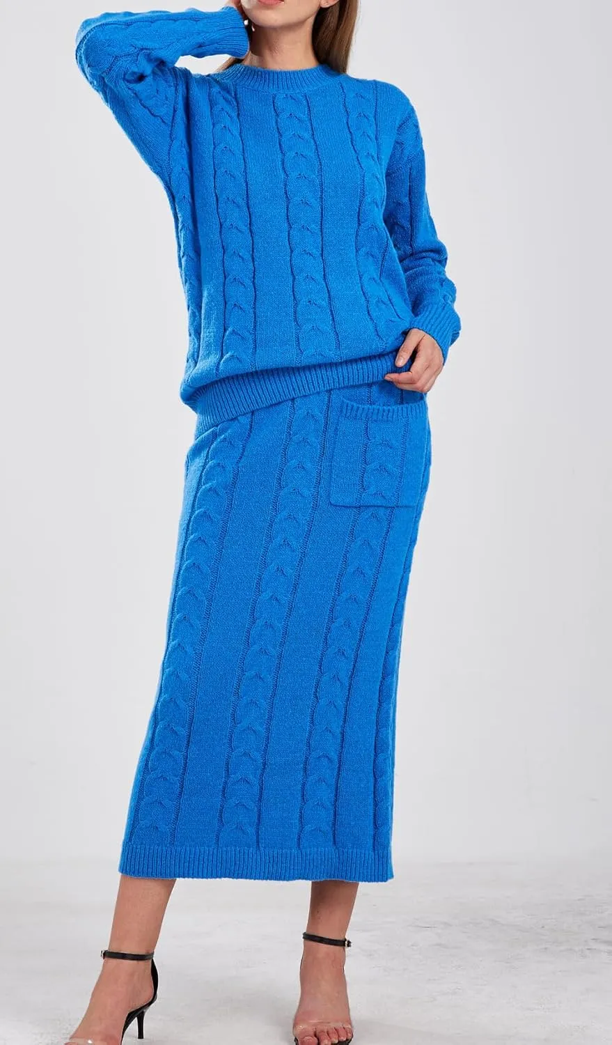 loveimgs Women's Trendy Chunky Cable Knit Long Skirt 2 Piece Outfit Sweater Sets
