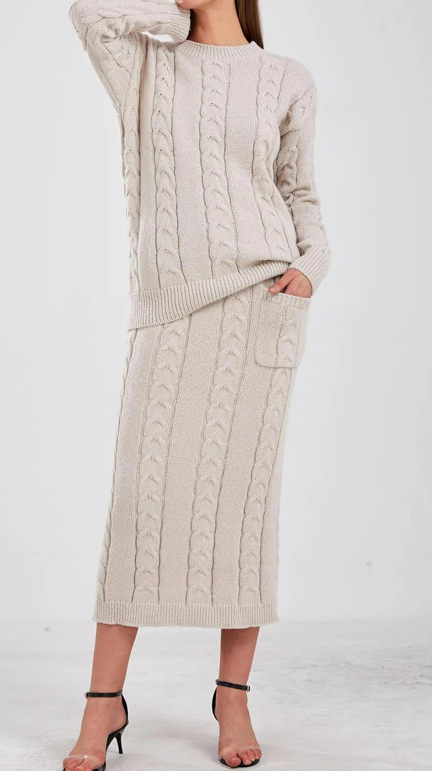 loveimgs Women's Trendy Chunky Cable Knit Long Skirt 2 Piece Outfit Sweater Sets