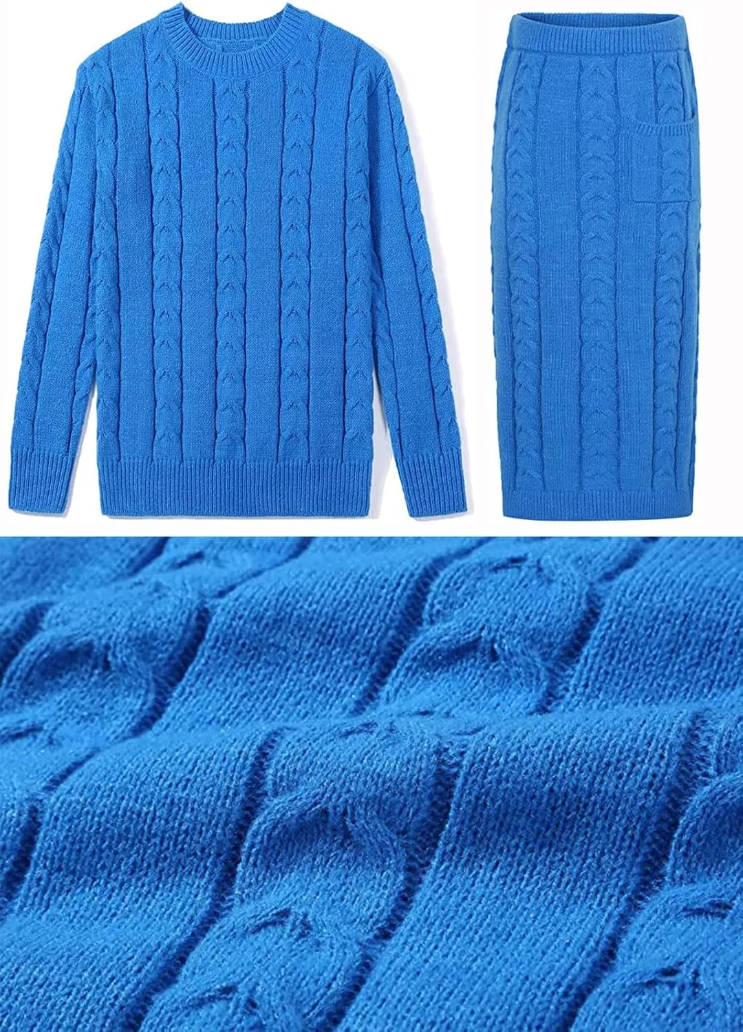 loveimgs Women's Trendy Chunky Cable Knit Long Skirt 2 Piece Outfit Sweater Sets