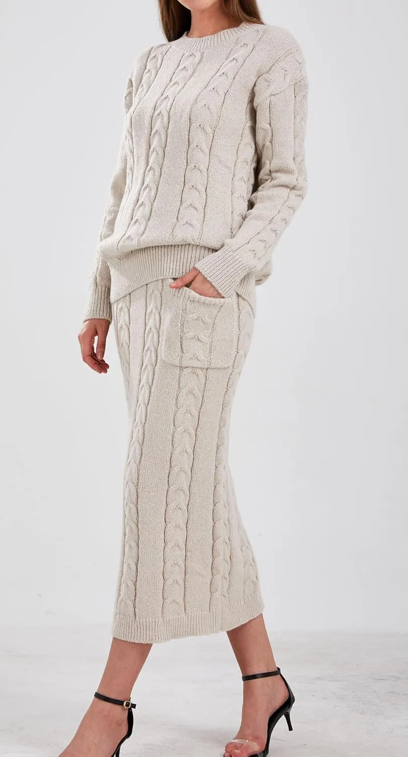 loveimgs Women's Trendy Chunky Cable Knit Long Skirt 2 Piece Outfit Sweater Sets