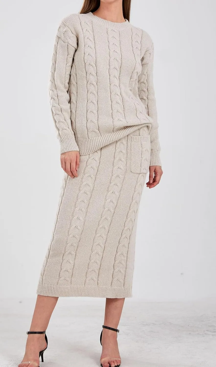loveimgs Women's Trendy Chunky Cable Knit Long Skirt 2 Piece Outfit Sweater Sets