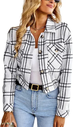 Lviefent Womens Casual Wool Blend Plaid Flannel Shackets Jacket Button Down Shirt Coat