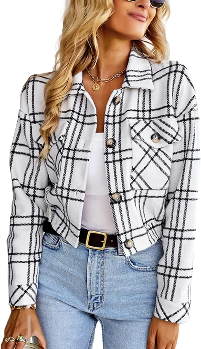 Lviefent Womens Casual Wool Blend Plaid Flannel Shackets Jacket Button Down Shirt Coat