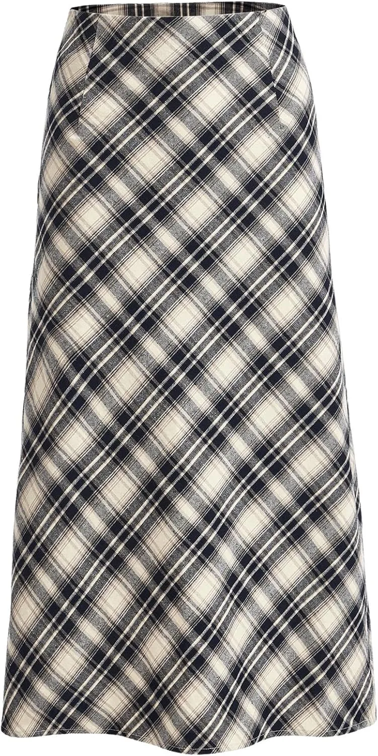 MakeMeChic Women's Casual Plaid Print Midi Skirt High Waist Straight Hem Zipper Long Skirts