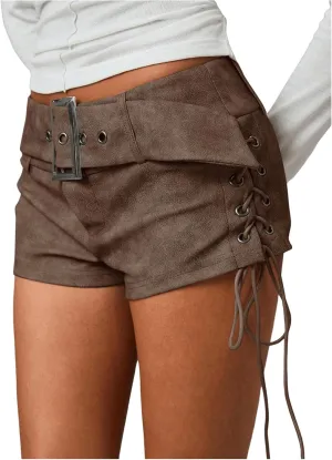 MakeMeChic Women's PU Leather Lace Up Ruched Tie Side Micro Shorts Low Waist Belted Skinny Fit Mini Short