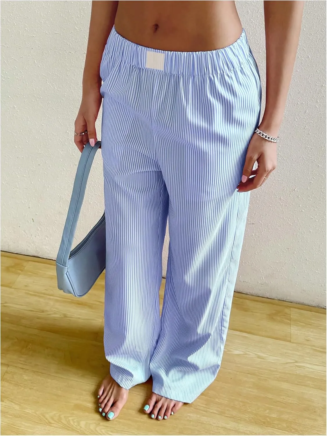 MakeMeChic Women's Y2K Striped Pants Low Rise Elastic Waist Loose Wide Leg Lounge Pant