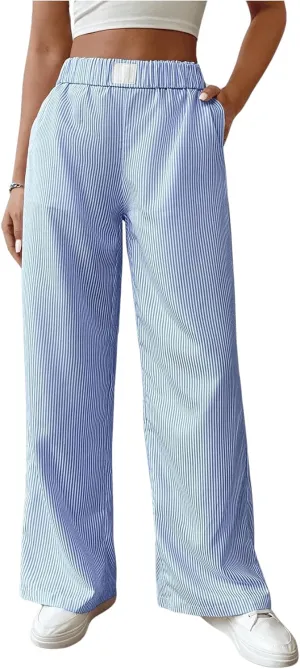 MakeMeChic Women's Y2K Striped Pants Low Rise Elastic Waist Loose Wide Leg Lounge Pant