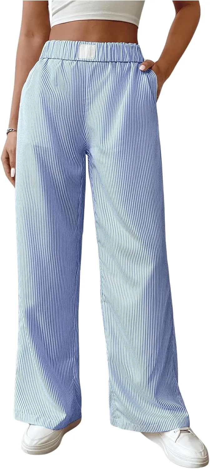 MakeMeChic Women's Y2K Striped Pants Low Rise Elastic Waist Loose Wide Leg Lounge Pant