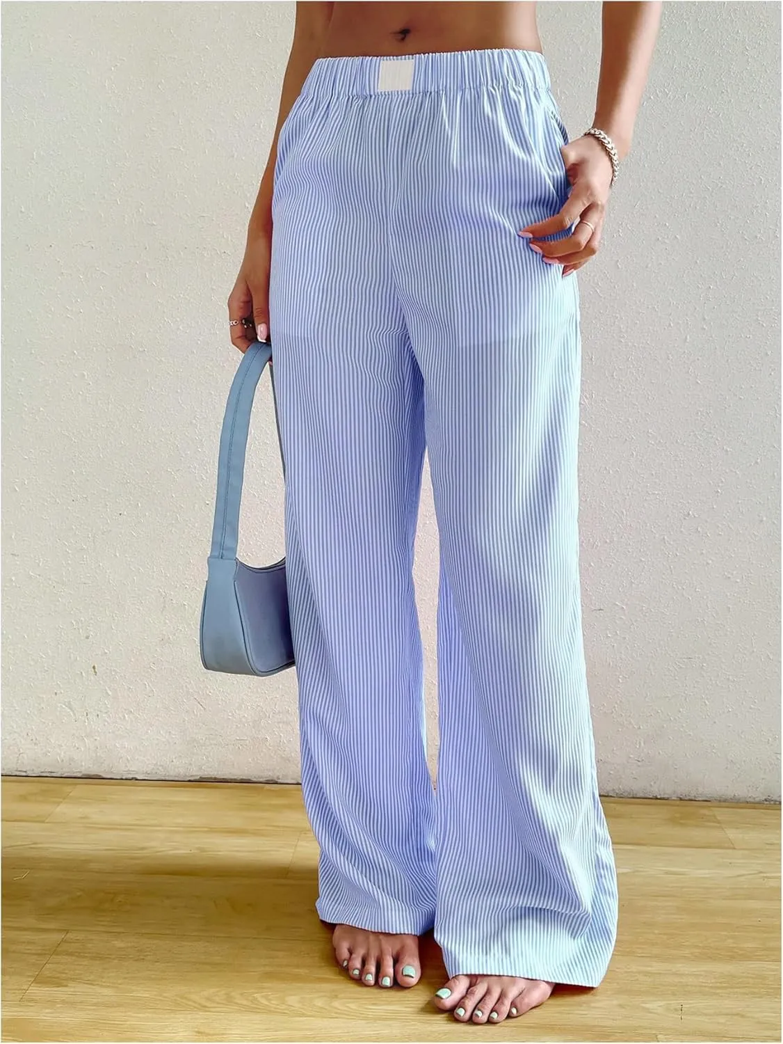 MakeMeChic Women's Y2K Striped Pants Low Rise Elastic Waist Loose Wide Leg Lounge Pant
