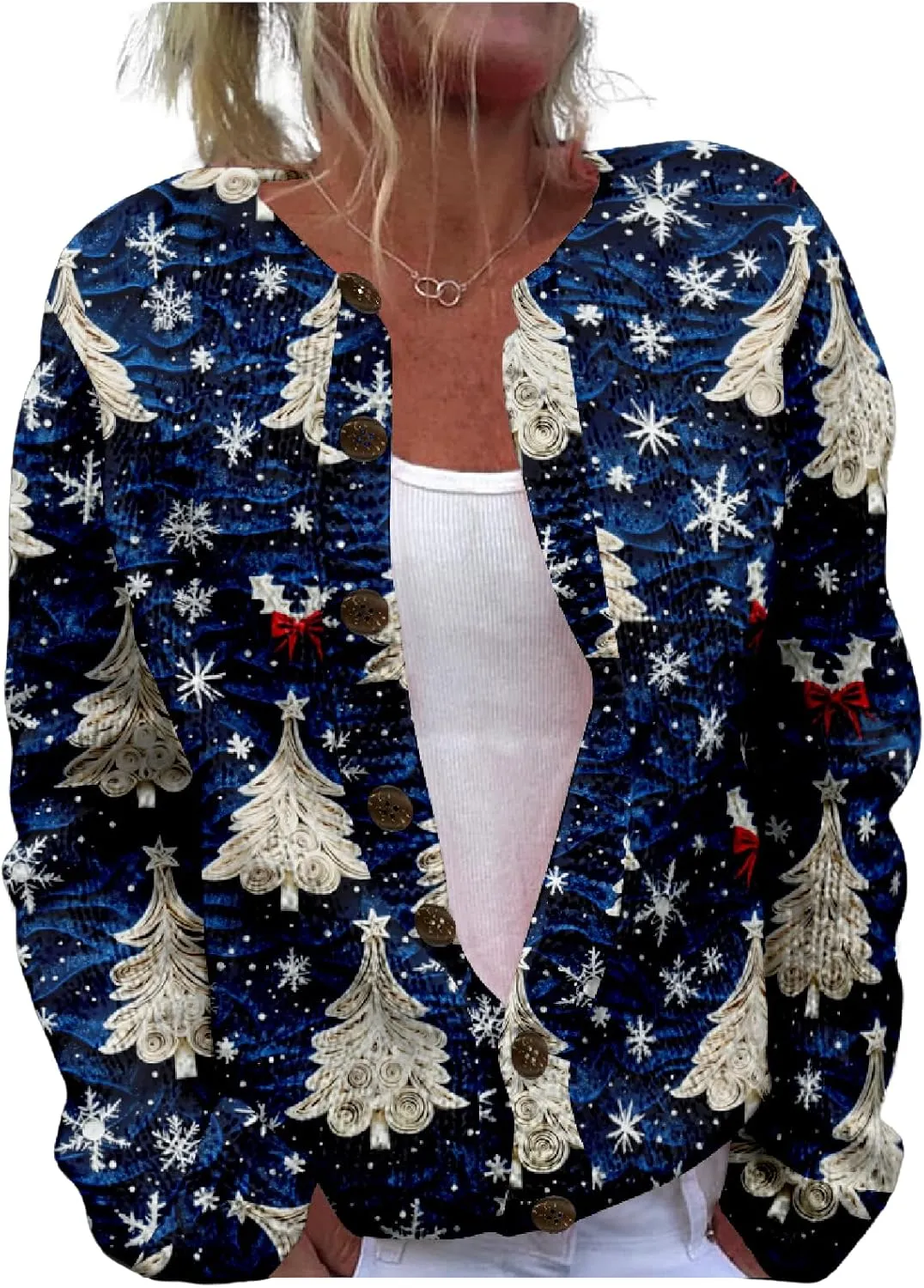 MARSVOVO Christmas Cardigan for Women Crew Neck Open Front Button Down Knit Coat Ugly Christmas Sweater Women