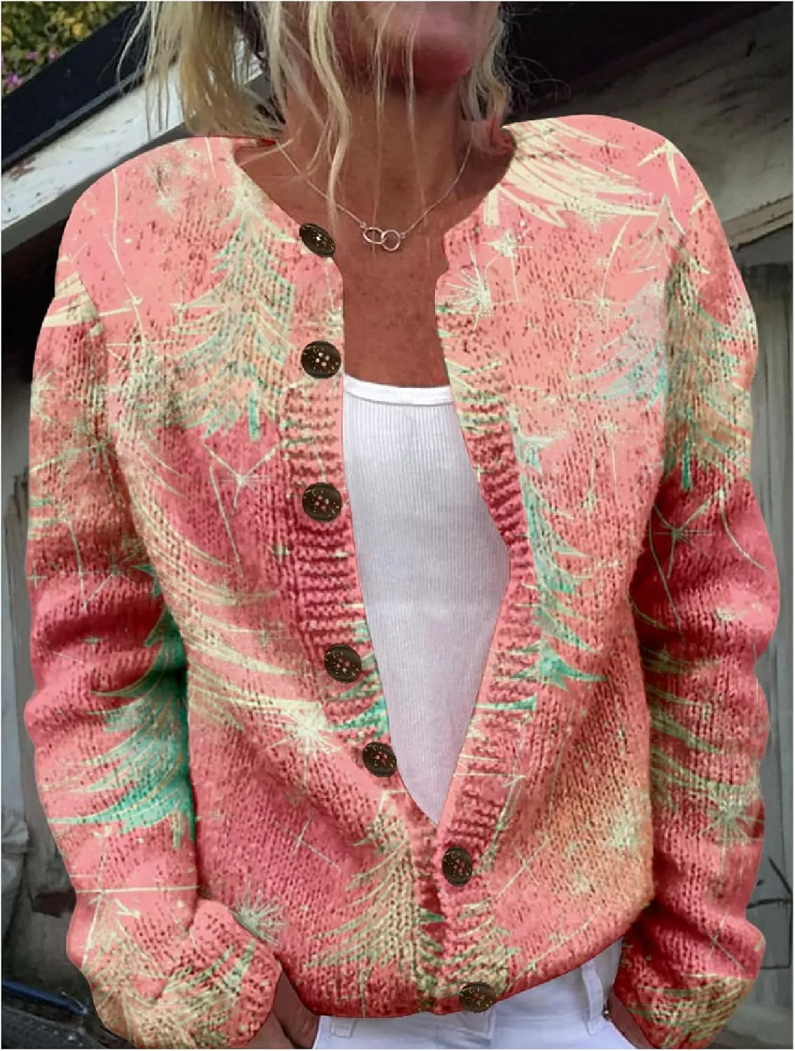 MARSVOVO Christmas Cardigan for Women Crew Neck Open Front Button Down Knit Coat Ugly Christmas Sweater Women