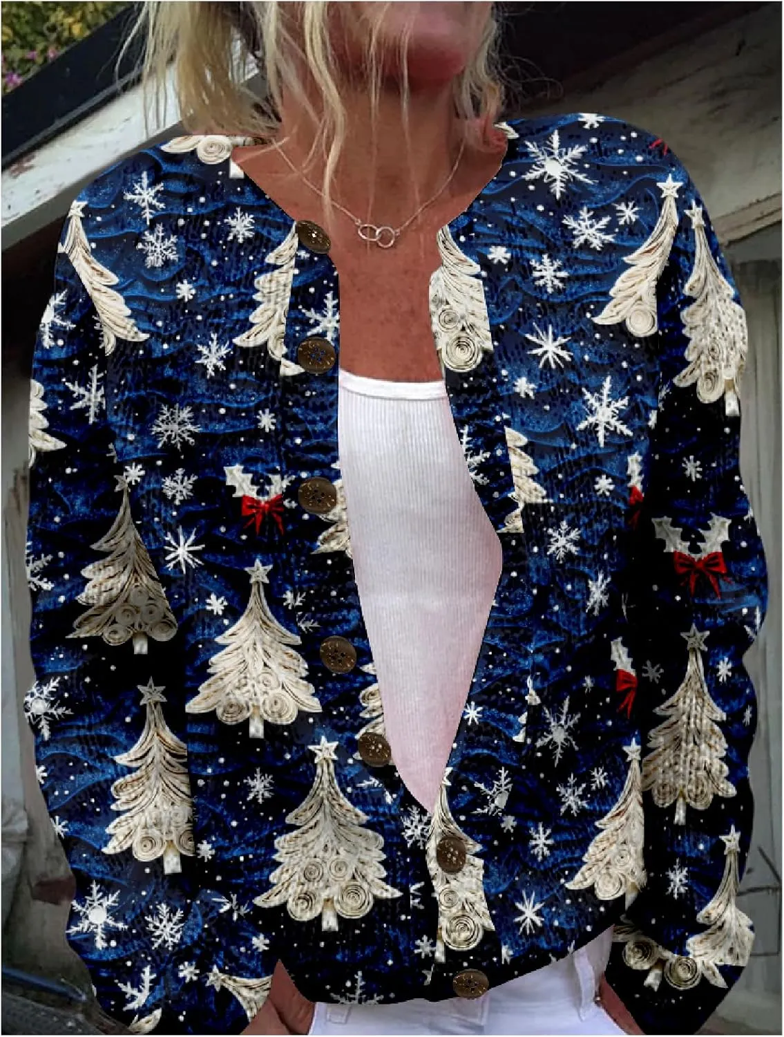 MARSVOVO Christmas Cardigan for Women Crew Neck Open Front Button Down Knit Coat Ugly Christmas Sweater Women