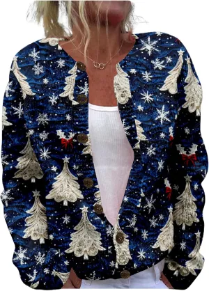 MARSVOVO Christmas Cardigan for Women Crew Neck Open Front Button Down Knit Coat Ugly Christmas Sweater Women