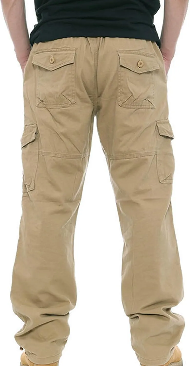 Men Casual Pant Straight Leg Elastic Waist Pants Cotton Work Pants Baggy Large Size Cargo Pants for Men with Pockets