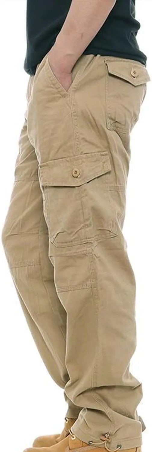 Men Casual Pant Straight Leg Elastic Waist Pants Cotton Work Pants Baggy Large Size Cargo Pants for Men with Pockets