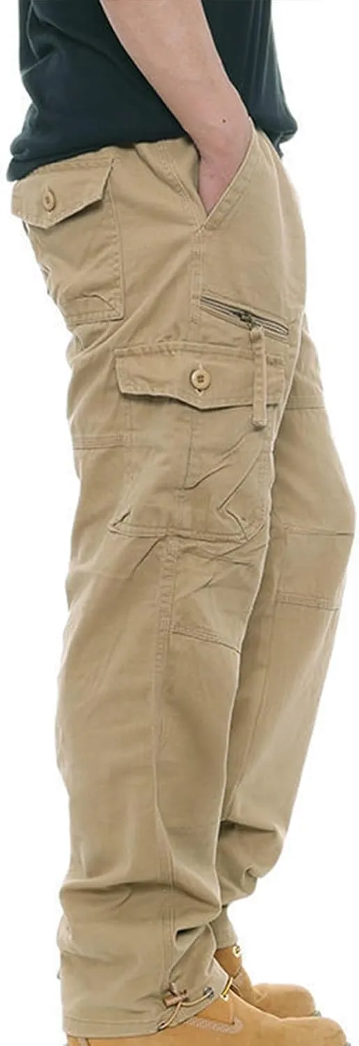 Men Casual Pant Straight Leg Elastic Waist Pants Cotton Work Pants Baggy Large Size Cargo Pants for Men with Pockets