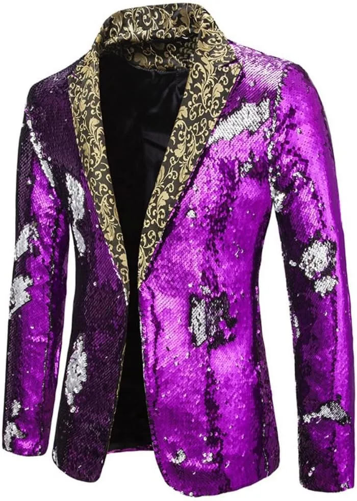 Men Two Tone Sequin Blazer Jacket Shawl Collar Patchwork One Button Shiny Sequin Coat Suit Tuxedo Wedding Prom Banquet