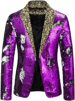 Men Two Tone Sequin Blazer Jacket Shawl Collar Patchwork One Button Shiny Sequin Coat Suit Tuxedo Wedding Prom Banquet
