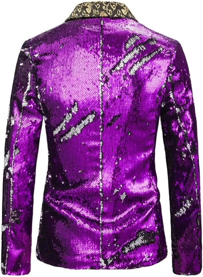 Men Two Tone Sequin Blazer Jacket Shawl Collar Patchwork One Button Shiny Sequin Coat Suit Tuxedo Wedding Prom Banquet