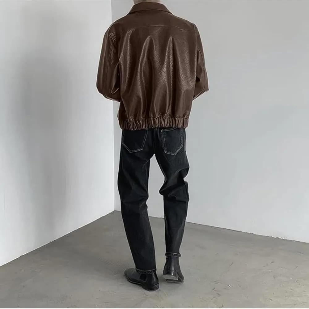 Men's Bomber Genuine Sheepskin Oversized Leather Jacket Classic Shirt Collar Loose Casual Winter Cool Designer Lightweight