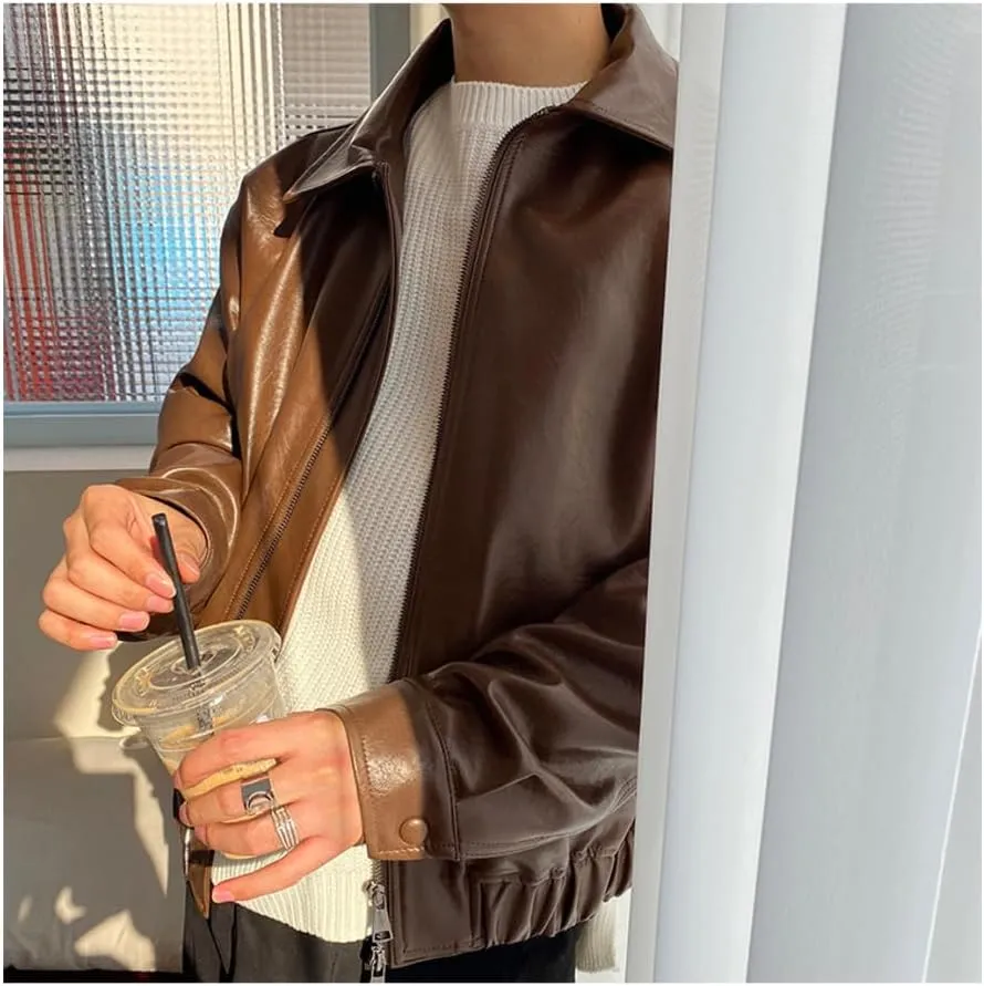 Men's Bomber Genuine Sheepskin Oversized Leather Jacket Classic Shirt Collar Loose Casual Winter Cool Designer Lightweight