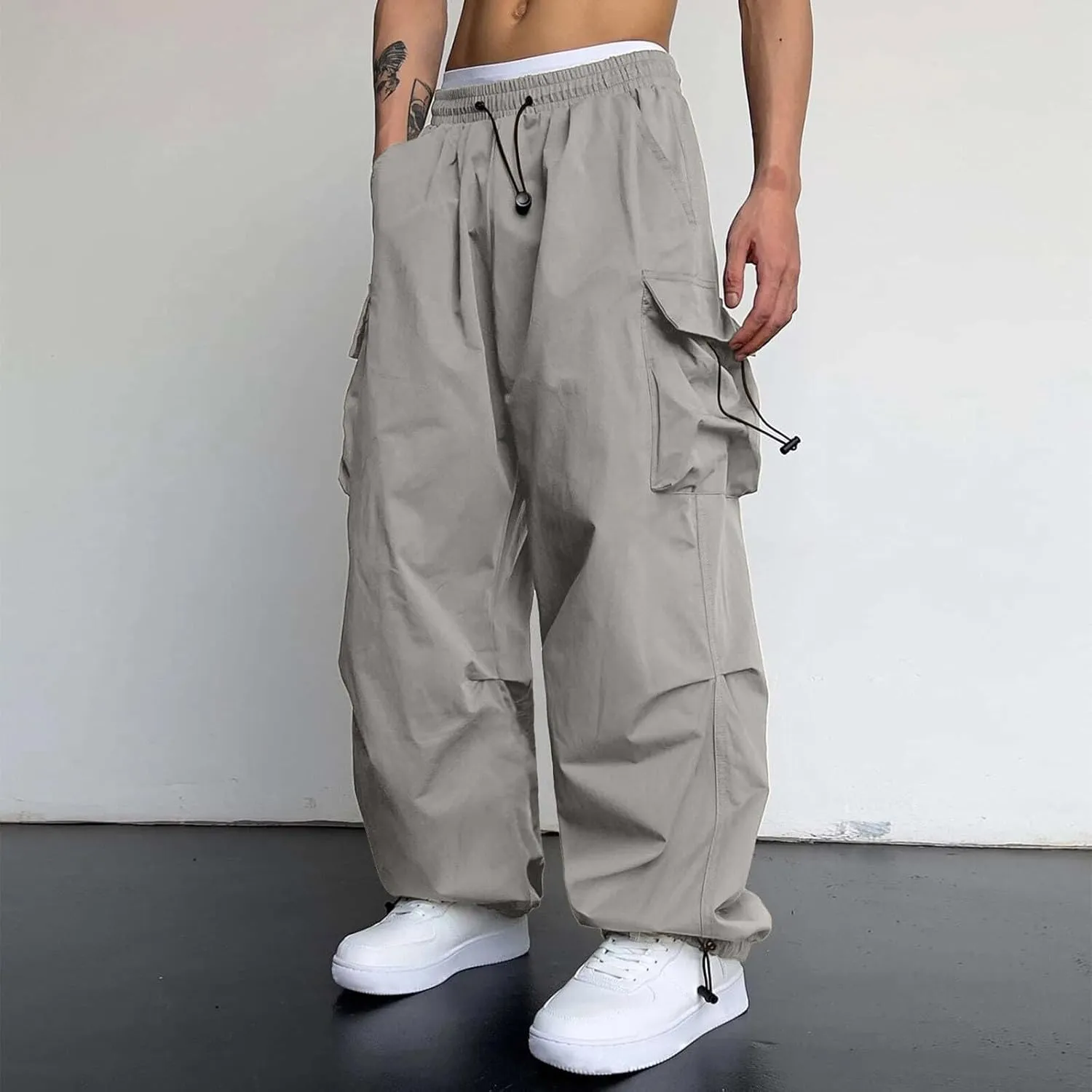 Mens Cargo Pant Elastic Waist Work Pant Multi Pockets Casual Stretchy Outdoor Pants