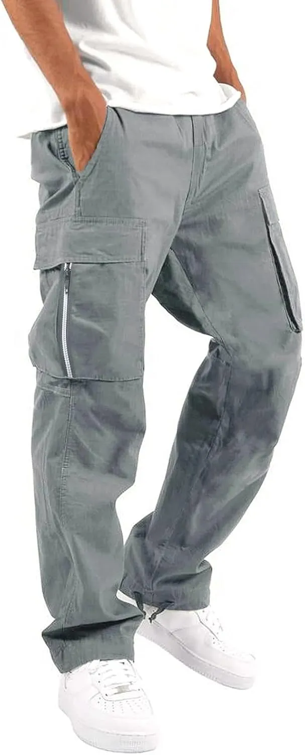 Men's Causal Cargo Pants Athletic Trousers Outdoor Fitness Pants Sweatpants Loose Fit Hiking Joggers with Pockets