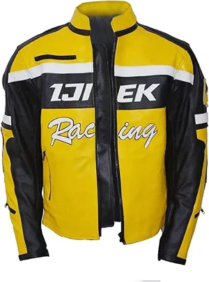 Mens Chuck Greene Jacket Biker Racer Yellow & Black Motorcycle Biker Leather Jacket
