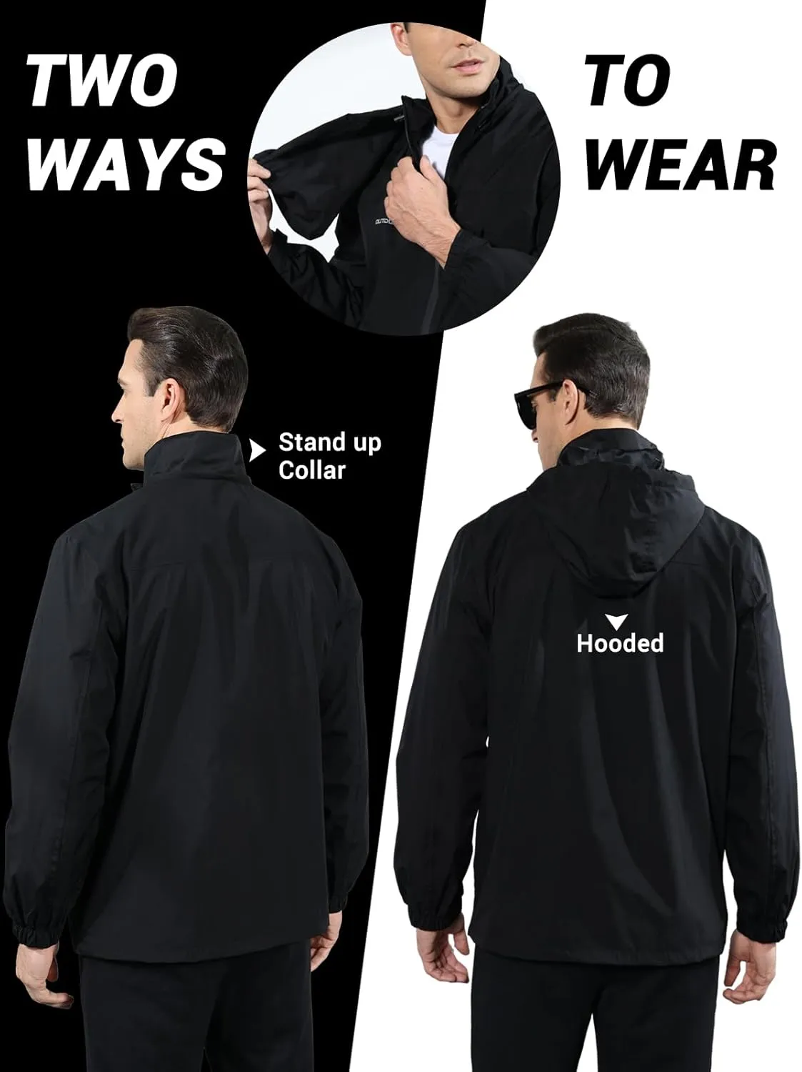 Men's Classic Windbreaker Jacket Lightweight All-Sport Waterproof Hiking Coat Detachable Hooded Windbreakers for Men