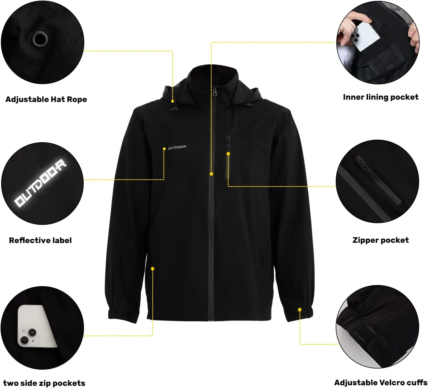 Men's Classic Windbreaker Jacket Lightweight All-Sport Waterproof Hiking Coat Detachable Hooded Windbreakers for Men