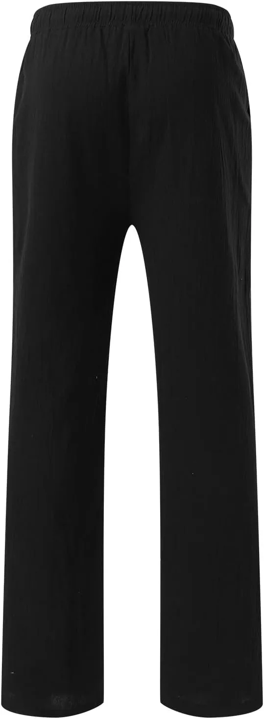 Men's Cotton Linen Loose Pants Casual Drawstring Elastic Waist Beach Trousers Solid Color Fashion Summer Trousers