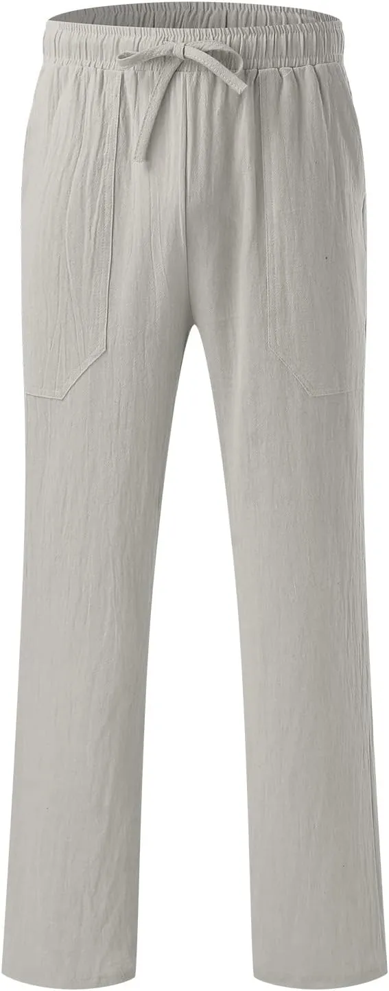 Men's Cotton Linen Loose Pants Casual Drawstring Elastic Waist Beach Trousers Solid Color Fashion Summer Trousers