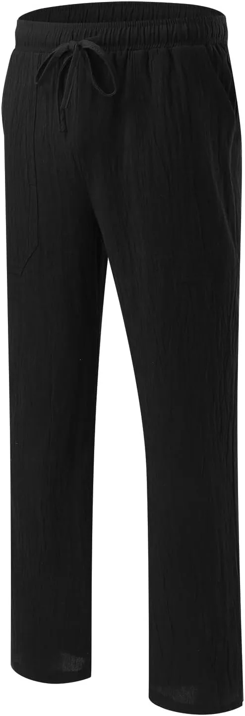 Men's Cotton Linen Loose Pants Casual Drawstring Elastic Waist Beach Trousers Solid Color Fashion Summer Trousers
