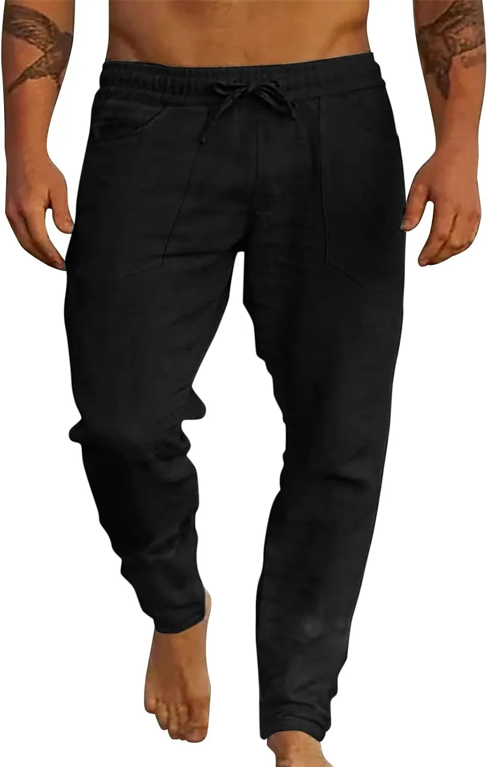 Men's Cotton Linen Loose Pants Casual Drawstring Elastic Waist Beach Trousers Solid Color Fashion Summer Trousers